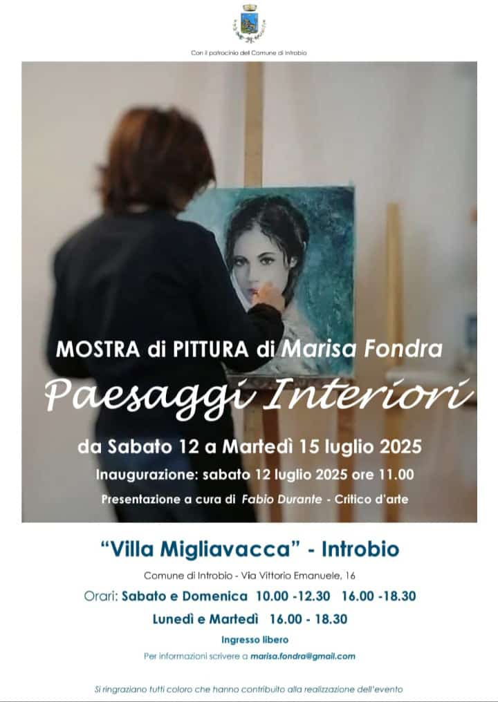 
		            Via Vittorio Emanuele, 16. Da sabato 12 a Martedì 15 luglio 2025. Orari: Sabato e Domenica 10:00 - 12:30, 16:00 - 18:30. Lunedì e Martedì 16:00 - 18:30. Per informazioni scrivere a marisa.fondra@gmail.com